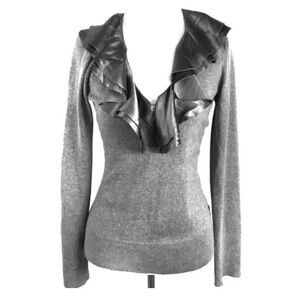 NWT Saks Fifth Avenue Gray Ruffle V-Neck Silk Cashmere Sweater Smoke Grey M